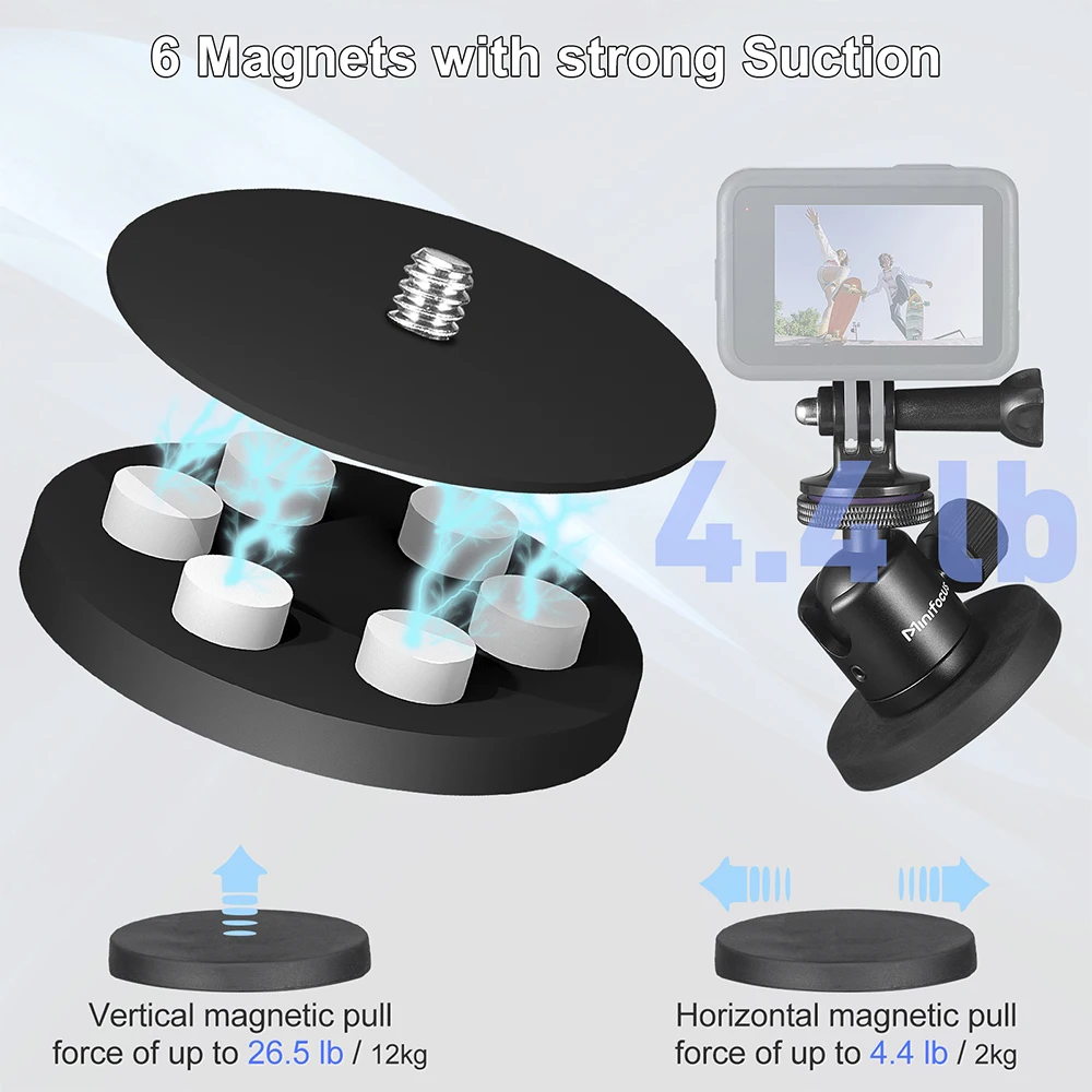 Minifocus C1302 Action Camera Suction Mount Magnetic Bracket With 1/4 Screw 360° Ballhead For Gopro 12 Phone Light Gopro Base