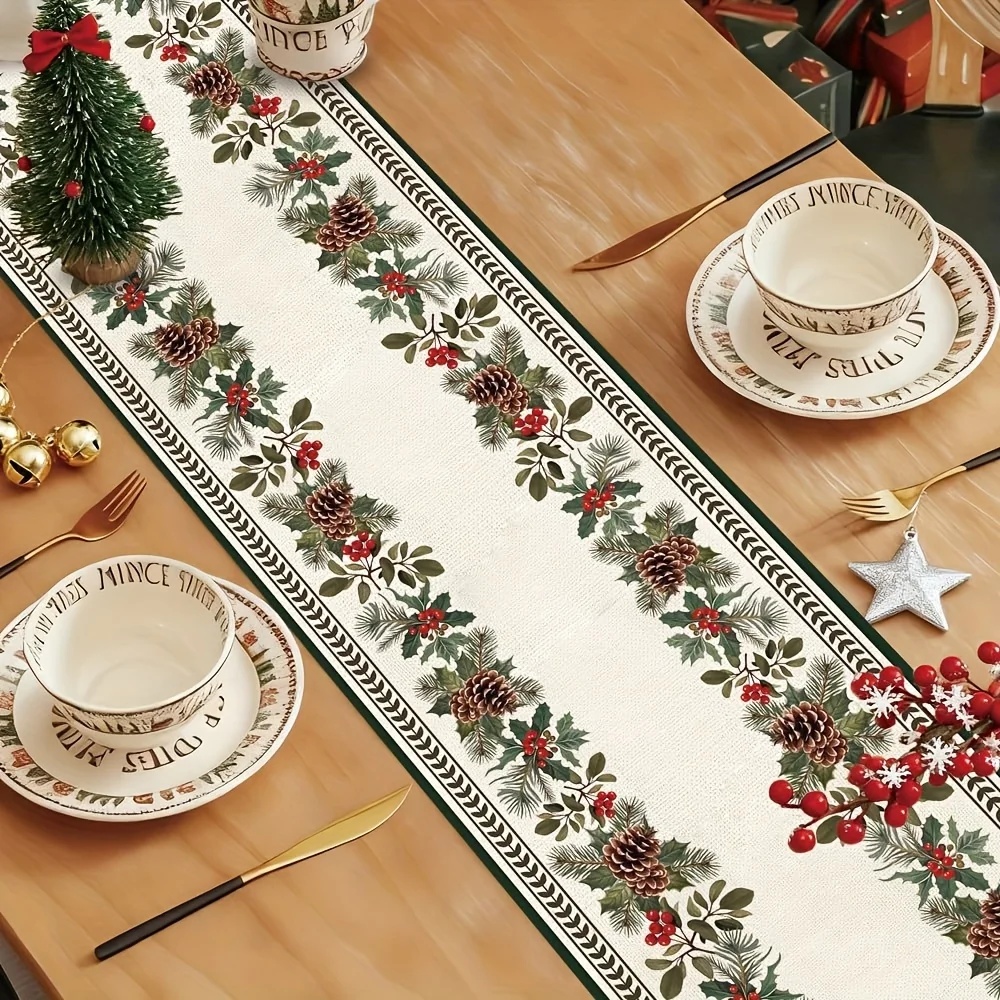 Farmhouse Rustic Christmas  Table Runner  - Green Pinecones/Red Berries/Gold Accents, Indoor/Outdoor Holiday Dining Decor