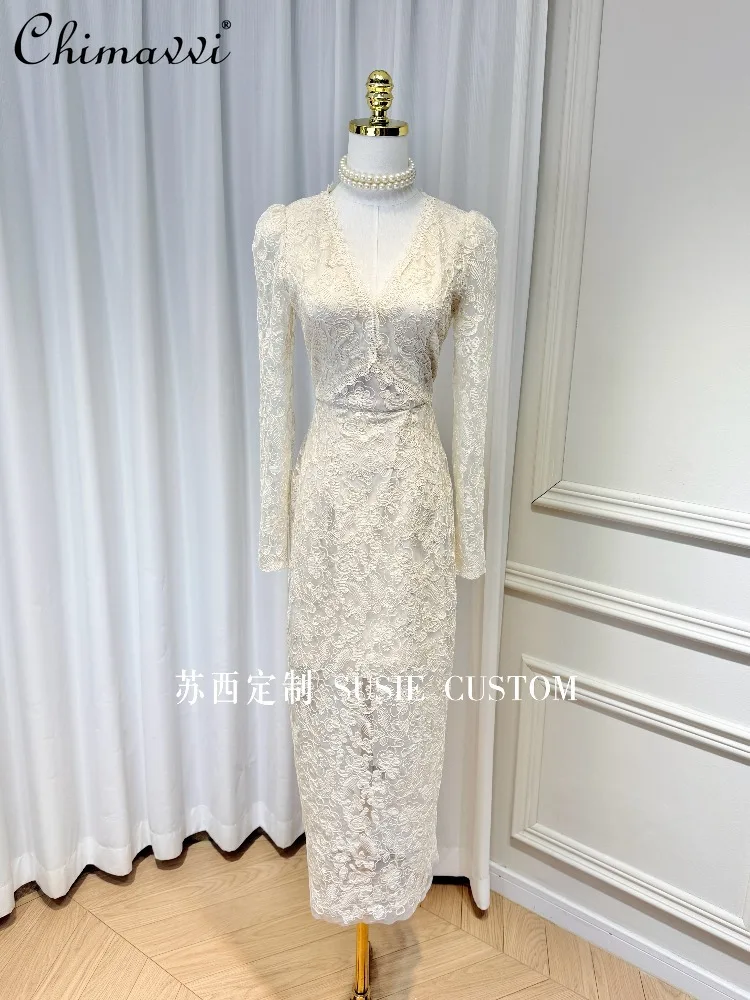 Abito da sera aderente aderente a maniche lunghe in patchwork di pizzo con temperamento elegante stile francese Abito da sera aderente aderente a vita alta Donna Autunno