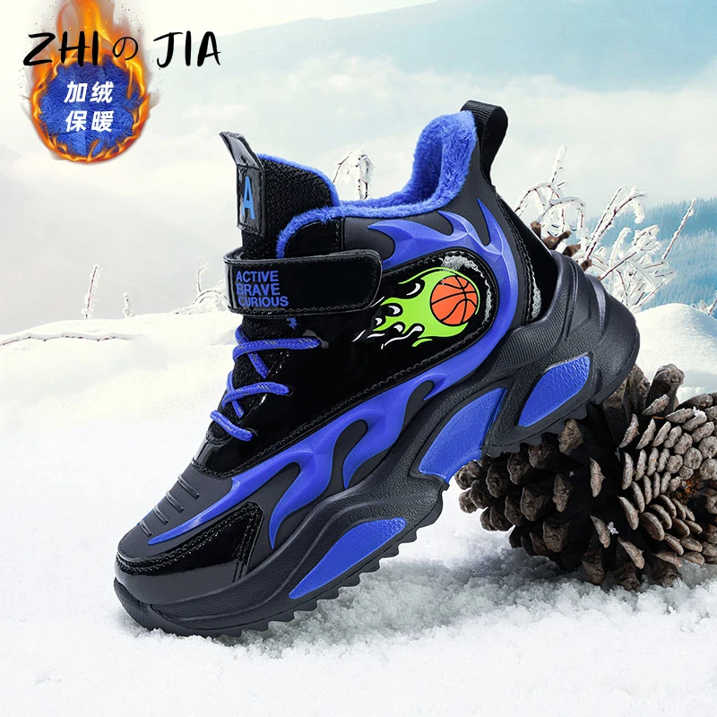 Children\'s Autumn Winter Leather Plush Sneaker Outdoor Casual Warm Shoes Running Shoes Boys Fashion Casual Basketball Shoes