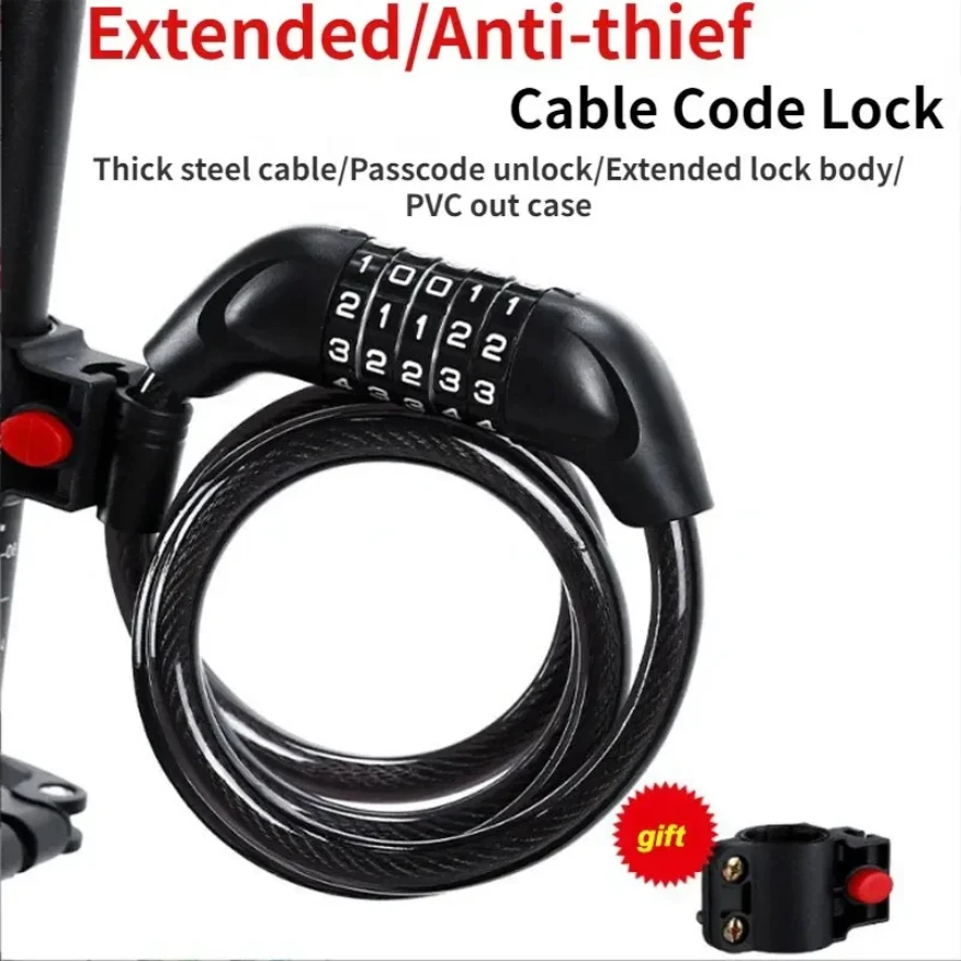 Hot Sale Bicycle 5 Digit Code Cable Lock 1200mm*12mm Anti-theft Bike Password Lock Bike Security Steel Cable Cycling Lock Bike