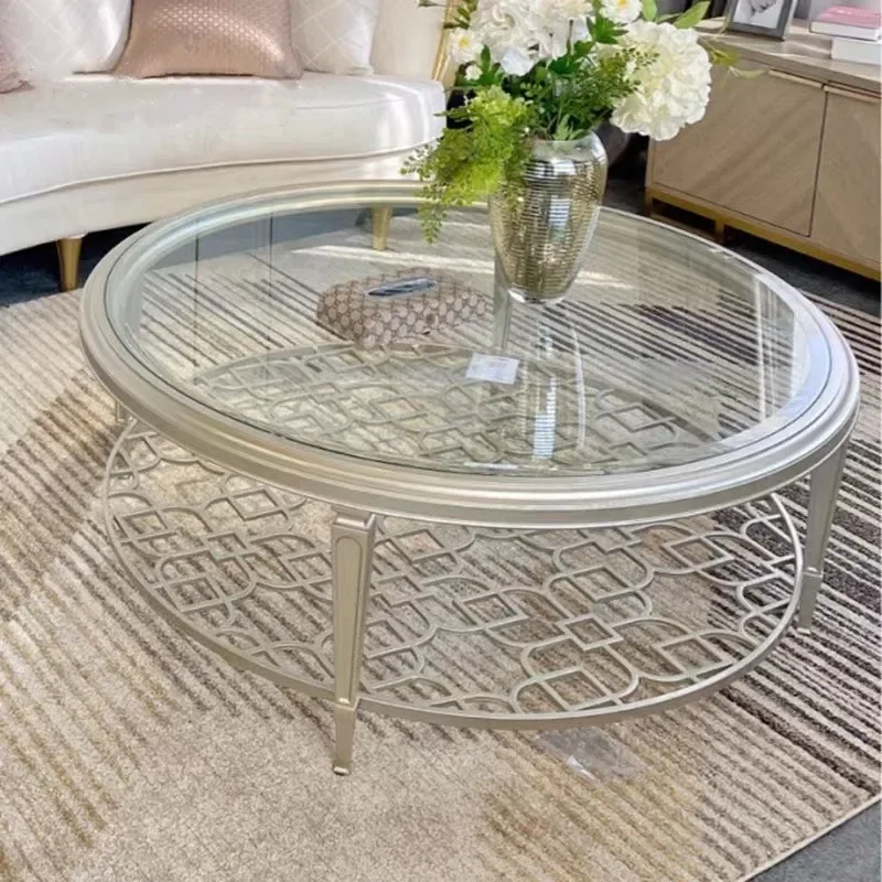 American Living Room Clover Simple Solid Wood Tempered Glass Tea Table Stainless Steel Hollow Tea Table