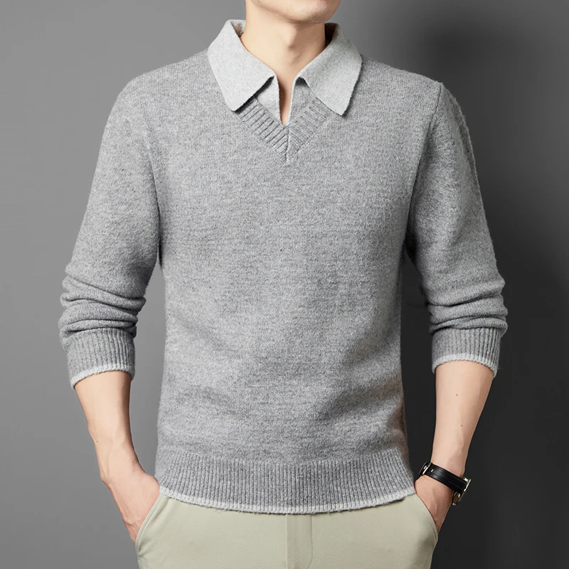 Original Brand Men's Contrast Color Lapel Fake Two-Piece Wool Knitwear Autumn Winter New Minimalist Soft Sweater Casual Menswear