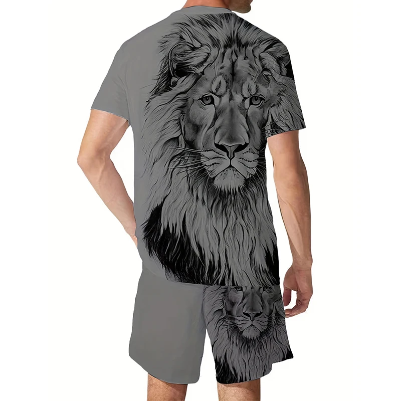 3D lion head print men\'s cool T-shirt shorts suitable for sports and fitness,summer street style,oversized pattern 2-piece set