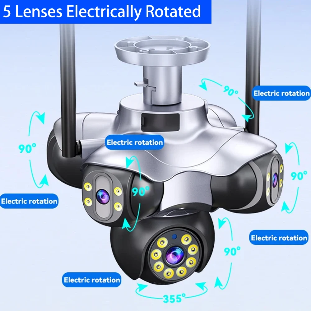 25MP Security Cameras Outdoor 5 Lens 5Screen 5PTZ 90° 360°Pan-Tilt View 2.4G WiFi Security Camera With AI Motion Tracking Audio