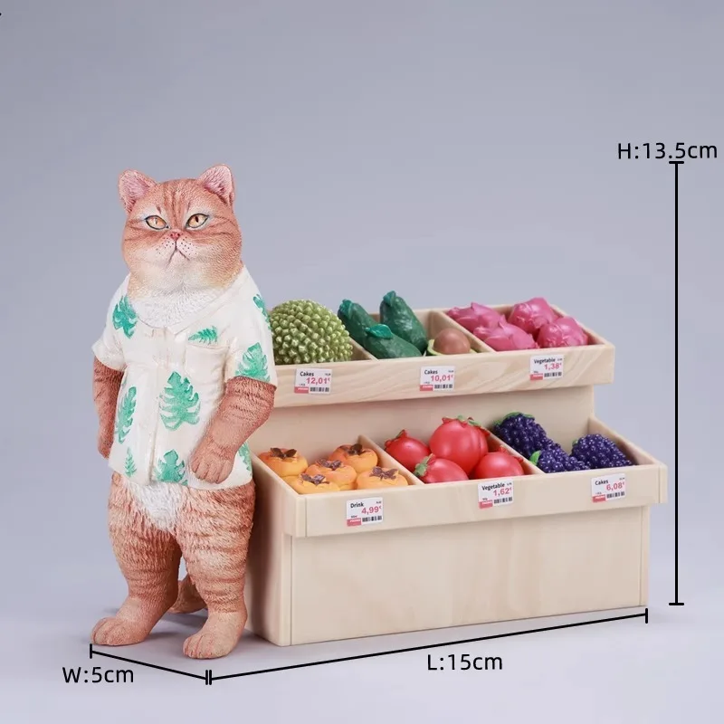 ما قبل البيع 1/6 مقياس محاكاة الراتنج الحيوانات القط نموذج مع كشك الفاكهة نموذج دمية لشخصيات العمل 12 بوصة الدعائم الحلي #2