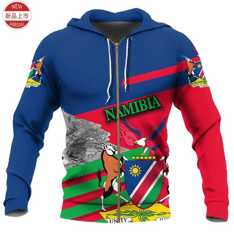 

Namibia Tribal Flag 3D Printing Zip Up Hoodies The Republic-of Namibia Map Emblem Graphic Zipper Sweatshirts Mens Clothing Tops