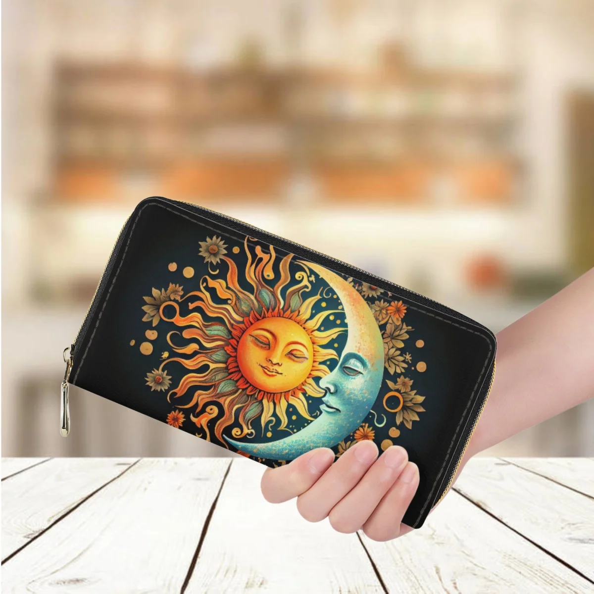 

New Moon and Sun Pattern Women's Long Wallet Luxury Brand Leather Credit Card Holder Purse for Ladies Casual Shopping Money Bag