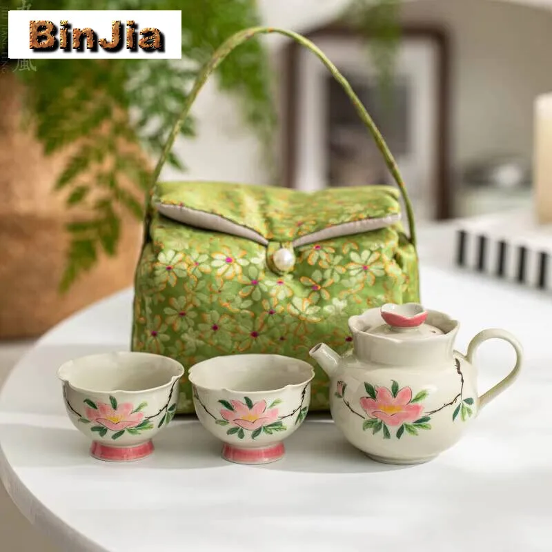 

Ручной нарисованный Камелия, дорожный чайный сервиз, бутик, портативный пакет для хранения, комплект Zen 1, горшок, 3 чашки, органайзер, подарки для рукоделия