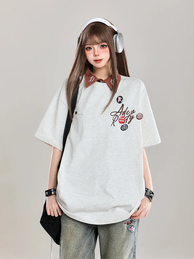 

Американская футболка с вышивкой, свободного кроя, летняя, новый дизайн, женская, в корейском стиле, из чистого хлопка, короткий рукав