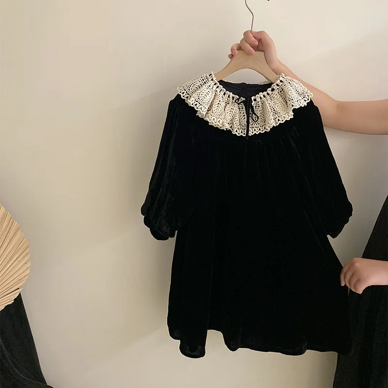 

2025 Autumn New Mori Girls Temperament Foreign Exquisite Lace Solid Color Velvet Dress Children's Skirt