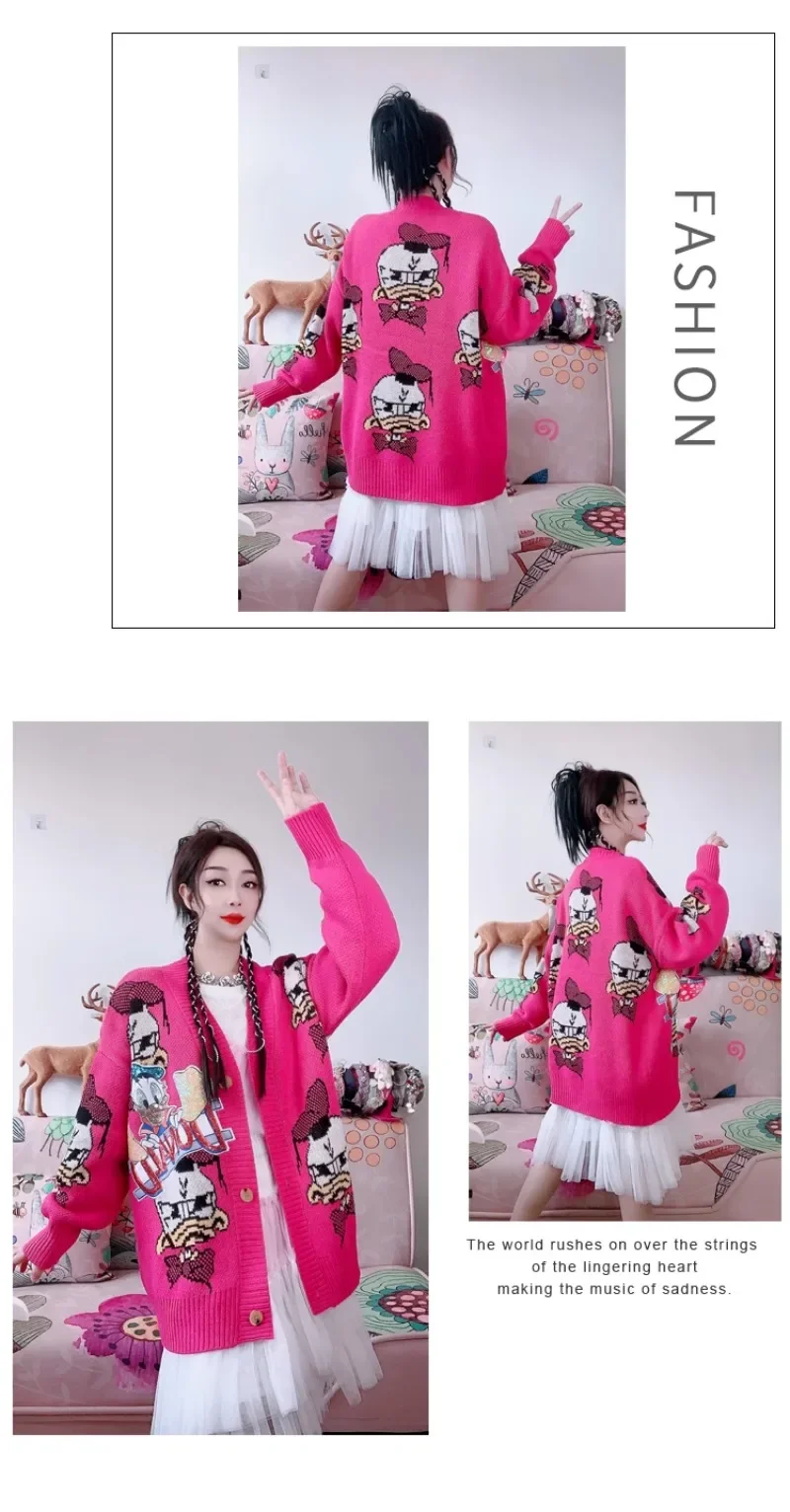 2024 Autumn Clothing Fashion Knitwear Heavy Handmade Sequined Cartoon Age-reducing Rose Red Thickened Sweater Cardigan Jacket