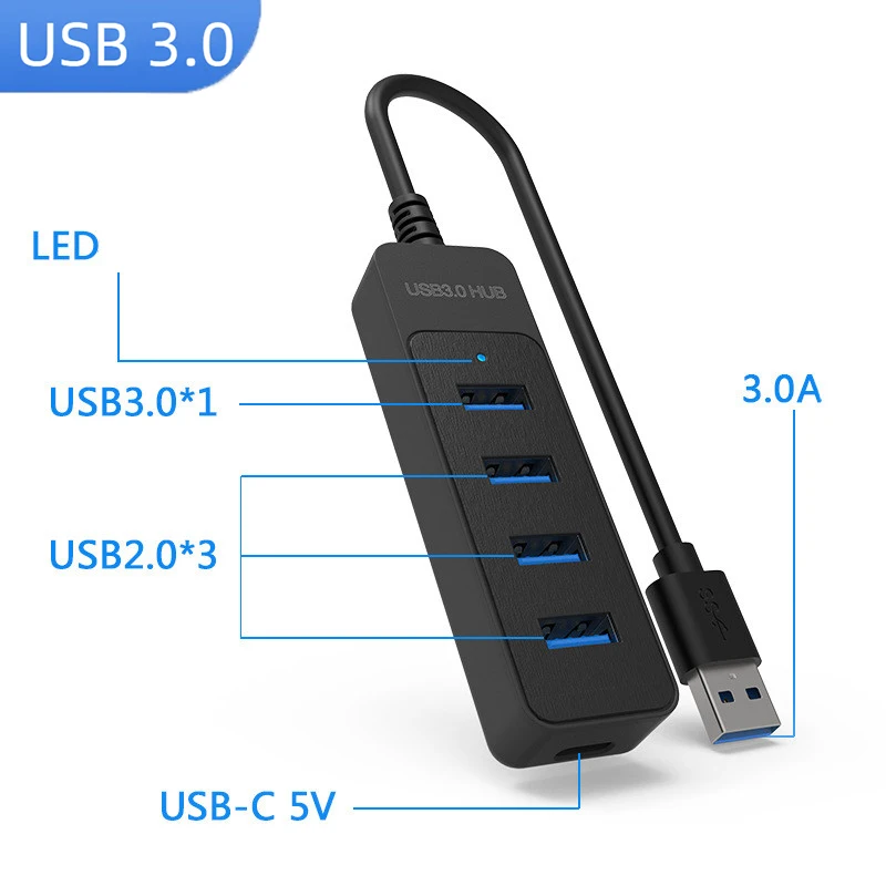 

4-портовый USB-концентратор 3.0 Высокоскоростной многопортовый разветвитель USB 3.0 Тип C USB 2.0 Расширитель Адаптер питания для ПК Компьютер Ноутбук Ноутбук