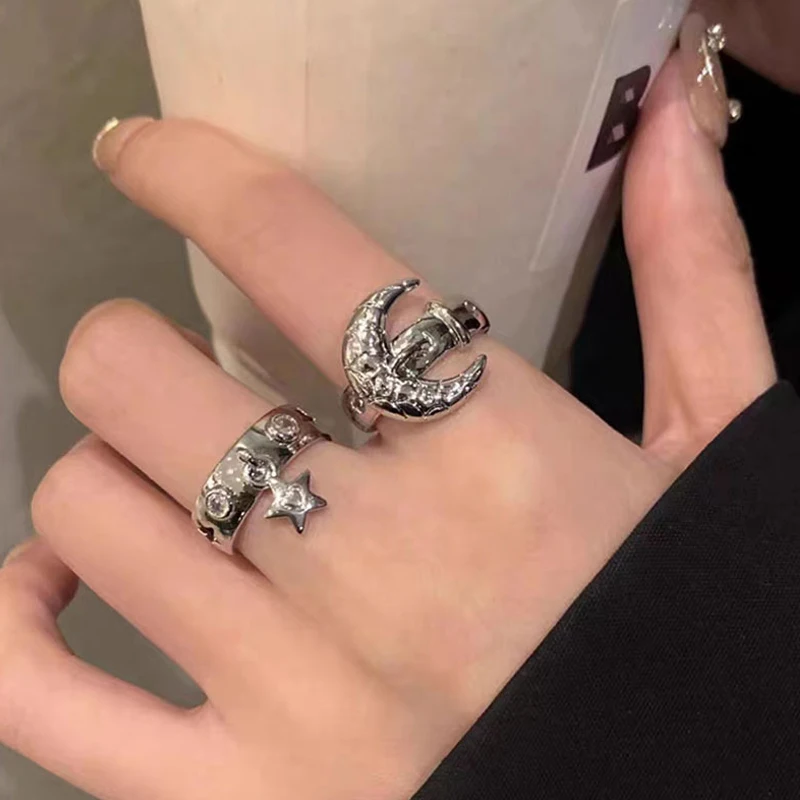 Fashion Star Moon Adjustable Finger Ring Couple Opening Rings For Women Girls Light Luxury Minimalist Ring Party Jewelry Gifts