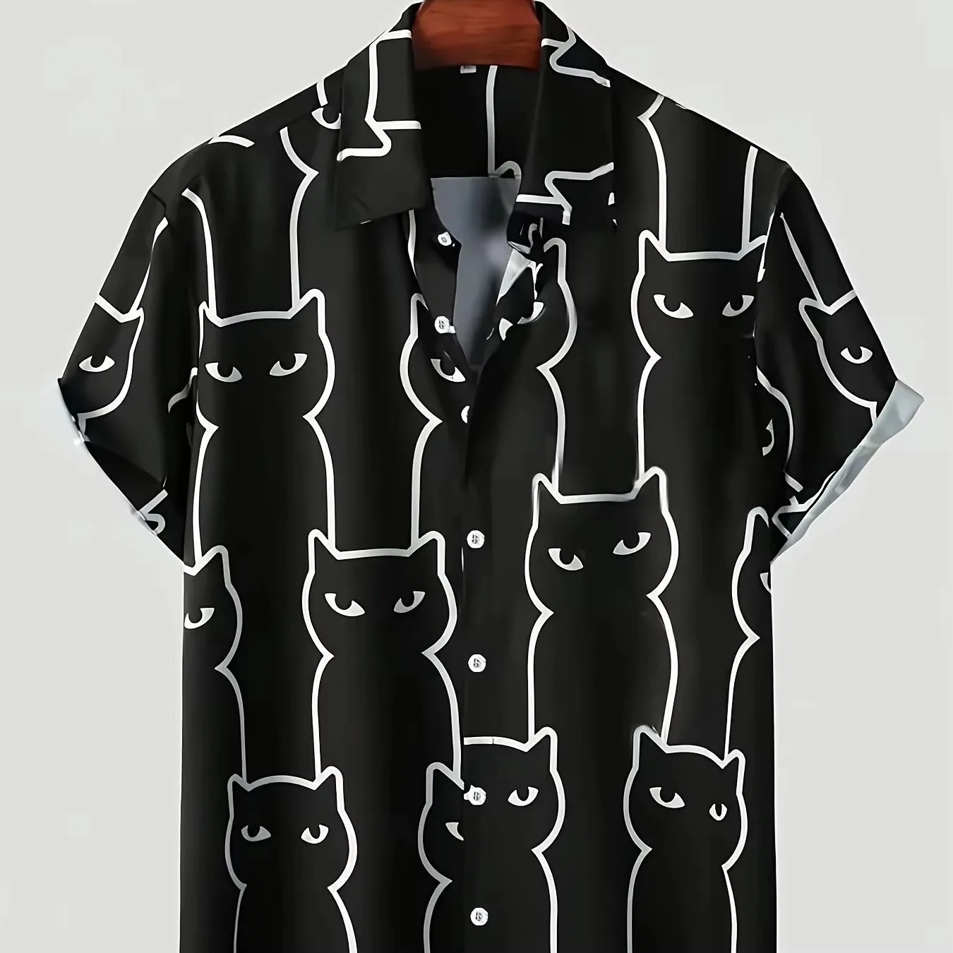 Men Minimal Line Art Black Cat Cartoon Print Short Sleeve Shirt Lapel Button‑up Vacation Casual Top