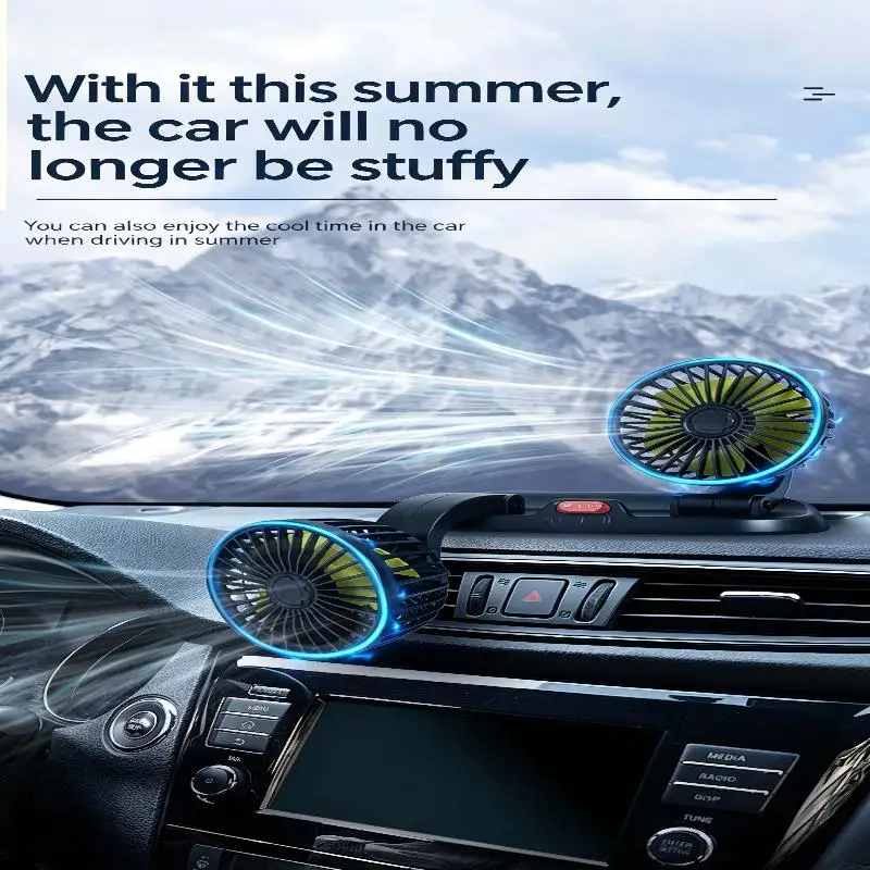 Adjustable Car Cool Fan Dual Head Design 360° Rotating Portable Car Fan 12V/24V Cigarette Lighter-powered 5V USB Powered