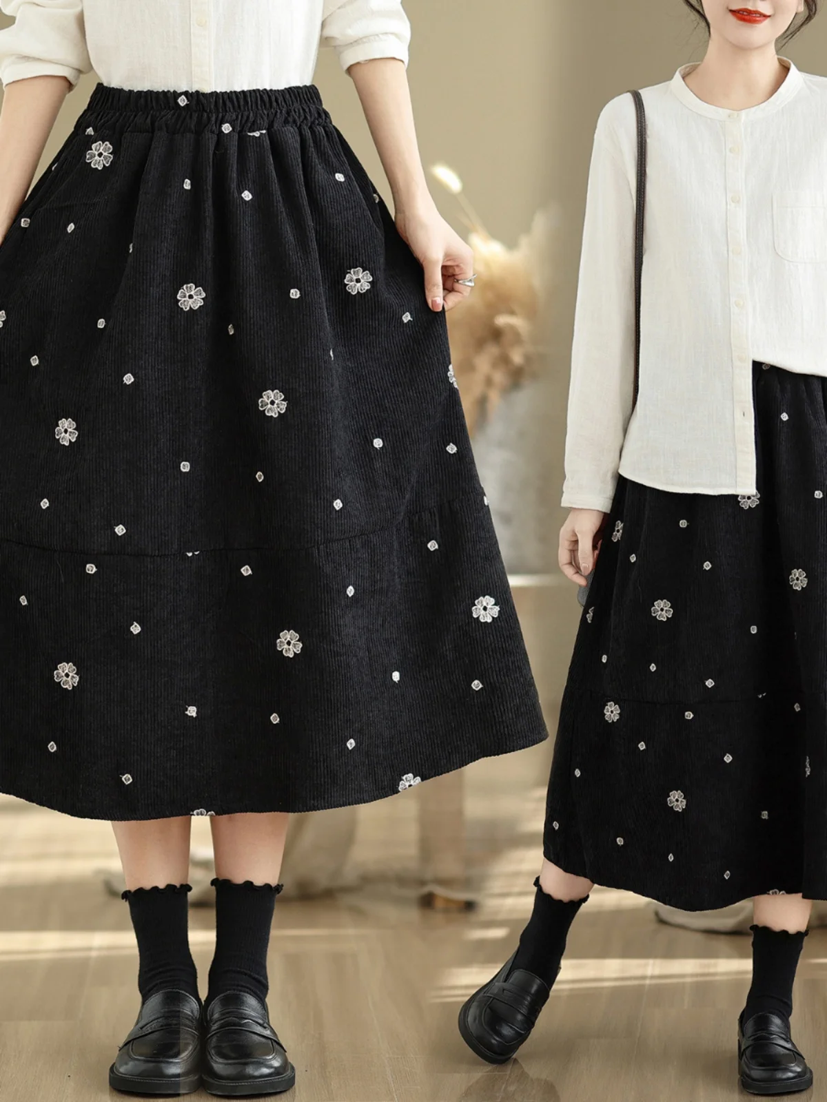 

Художественная юбка трапециевидной формы с высокой талией, женская весенняя свободная утягивающая юбка-миди с цветочной вышивкой, повседневная юбка прямого кроя