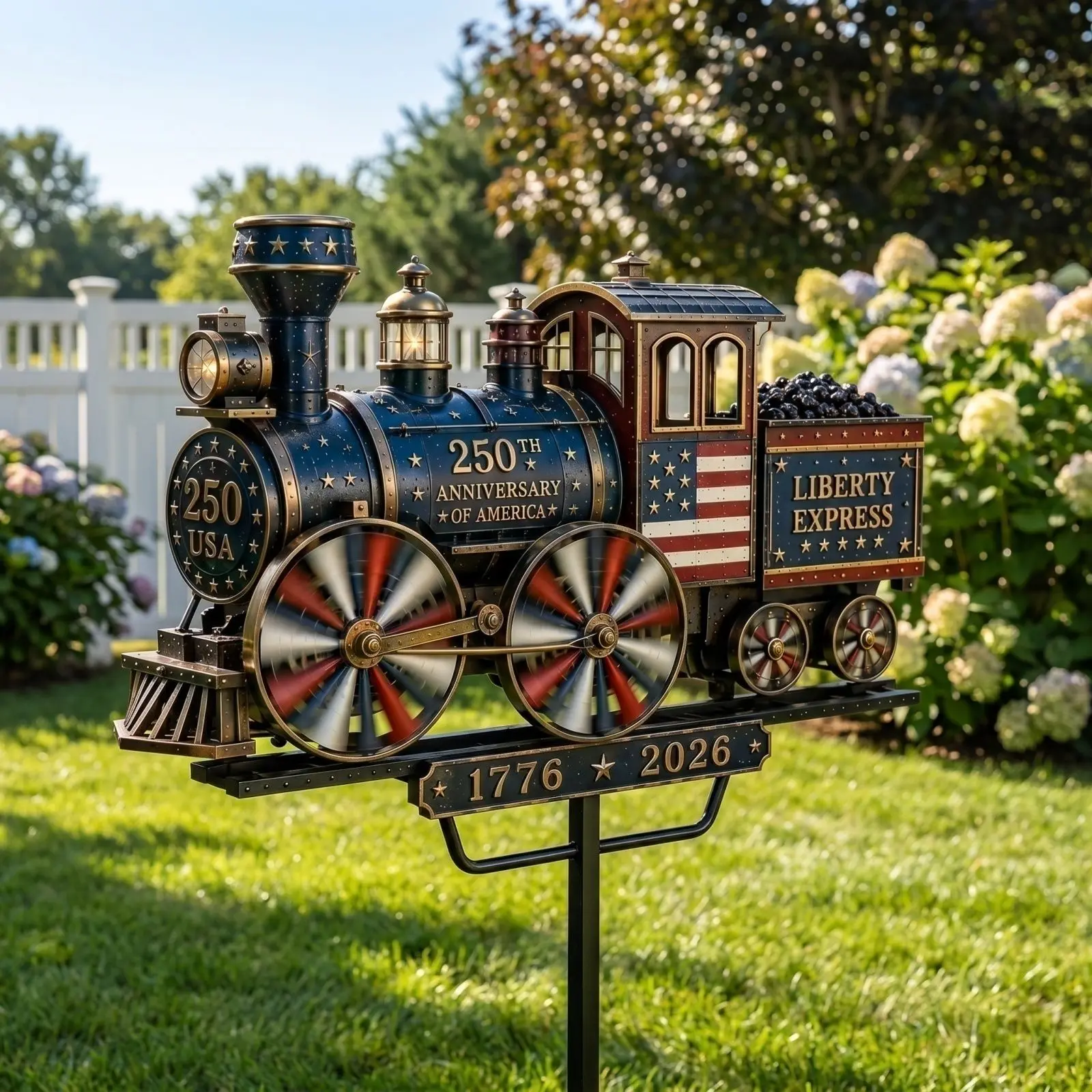 2D Flat Train Ornament with Rotating Windmill for Outdoor Garden Yard Decoration USA Indenpendant Day Holiday Decor
