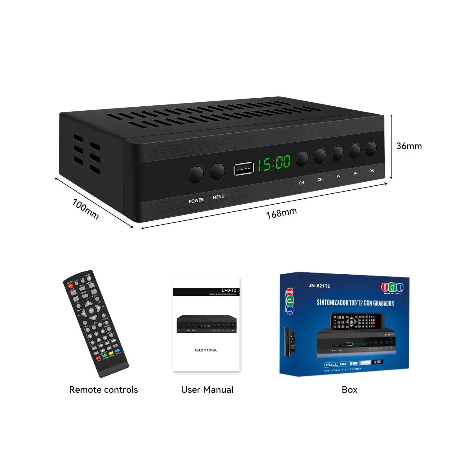 Récepteur de télévision par satellite 2024 JN-821T2 Décodeur espagnol TDT HD DVB-T2 TDT HD H.disparemberg HEVC FTA PVR Décodeur numérique SCART TV