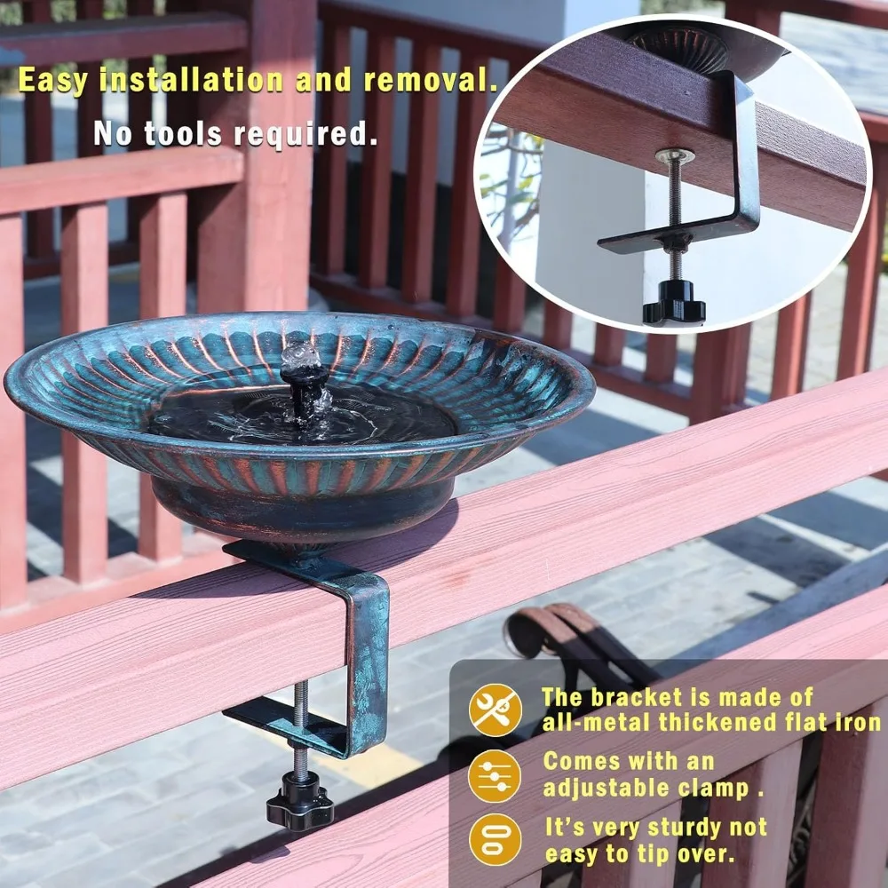 Bagno per uccelli in metallo ad energia solare con fontana, supporto da ponte regolabile per l'arredamento del patio del giardino