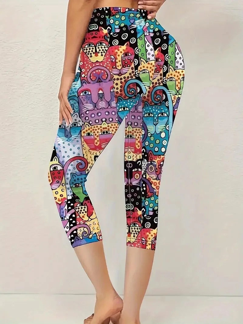Cute kitten print stretch slim elastic waist tight casual leggings capri pants for women