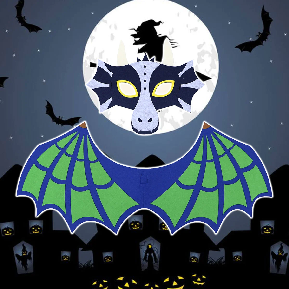 Halloween Costume Dinosaur Mask Wings Set Halloween Party Performance Cosplay Costume Props (Green)