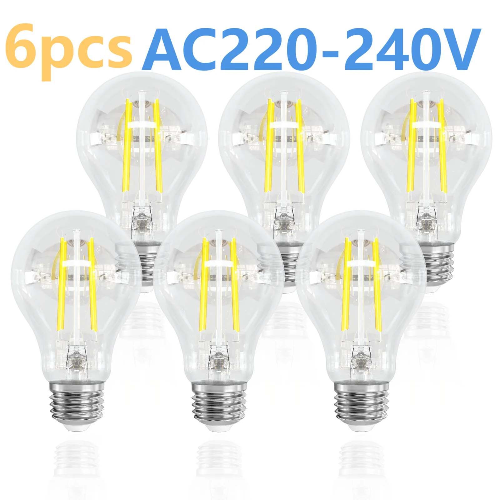 6pcs LED Edison Light Bulb 220V 60 Watt Equivalent E27 Vintage Clear Light Bulbs 6W 2700K Warm White 700 LM A60 LED Filament