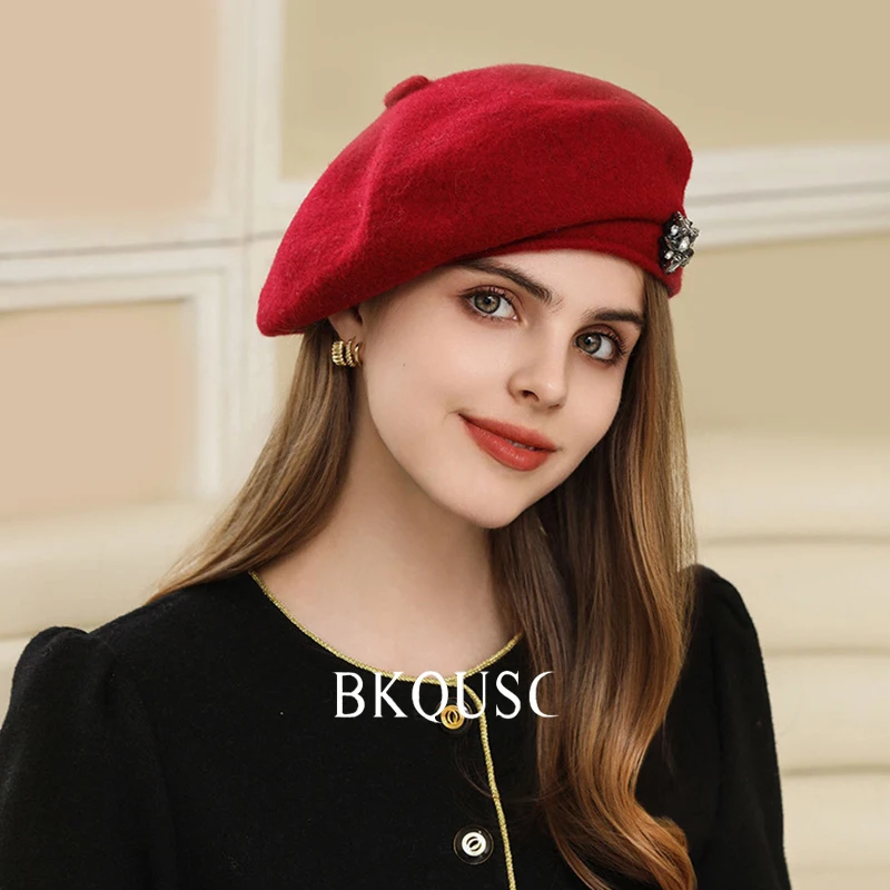 Vintage Elegant Rhinestone Wool Berets for Women Winter Casual Outdoor Warm Soft Woolen Beret Hats 55cm-58cm Artist Painter Hat