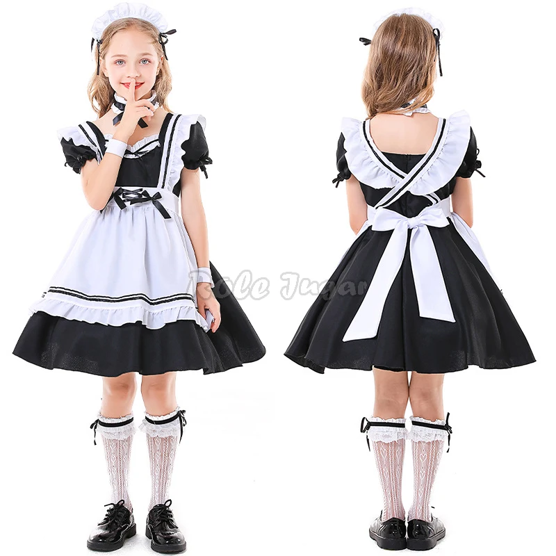 Kids Black White Lolita Maid Dress Summer Lovely Girls Short Sleeve Maid Outfit Children Dresses Anime Cosplay Costumes