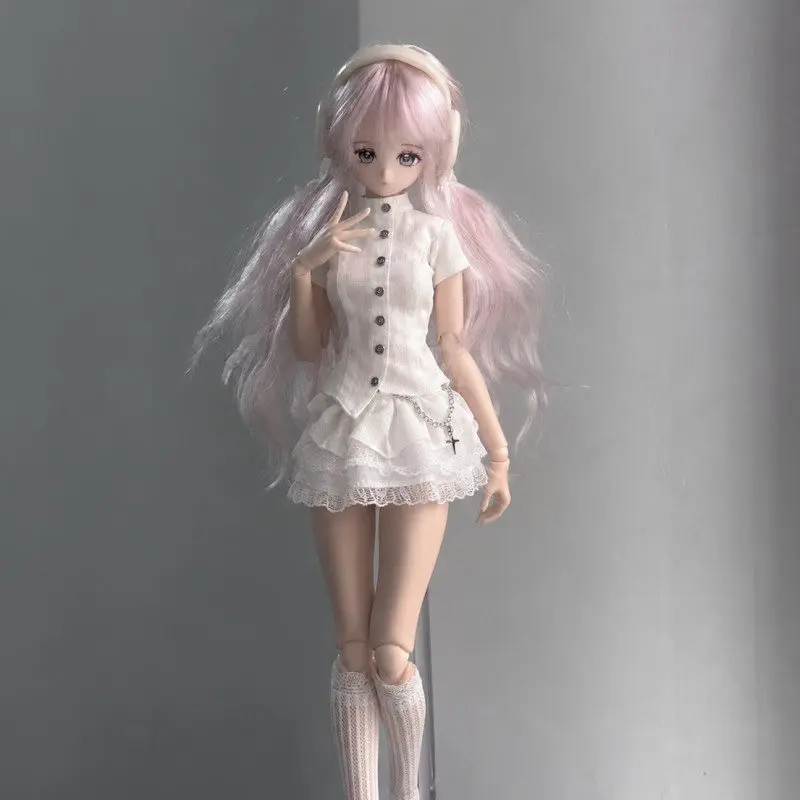 Original Special 1/6 Azone BJD Doll Clothes White Slim Waist Short Sleeves Top Multi-layer Lace Mini Skirt with Socks 3pcs Set - view 3