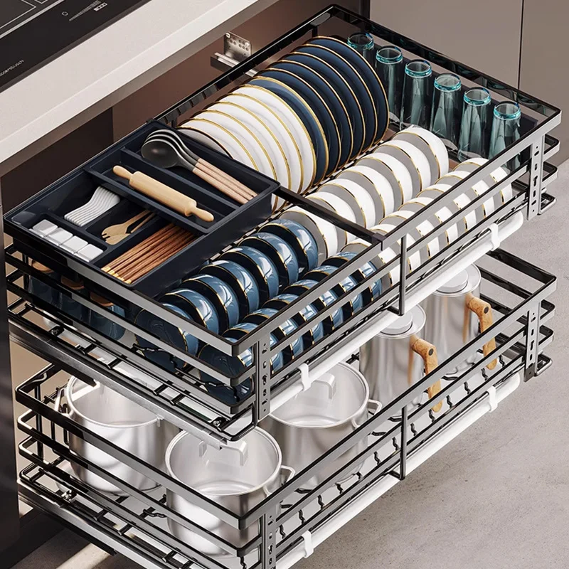 Basket Kitchen Cabinet Double Layer Seasoning Dish Cabinet 304 Stainless Steel Storage Dish Rack Drawer Type Bowl Basket Factory