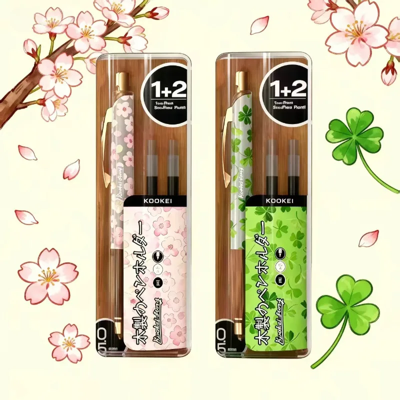 KOOKEI Gel Pen Cherry Blossom & Lucky Four Leaf Clover 1+2 Wooden Pen Holder Set Pens,0.5mm Quick-dry Smoothly School Supplies