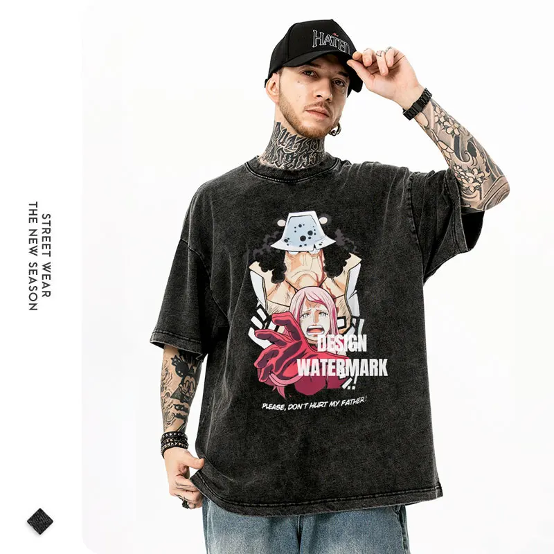 Bandai Anime O-One P-Piece T-shirts Vintage Washed Bonney T Shirt Manga Streetwear Bartholemew Kuma Tops Tees Men 100% Cotton