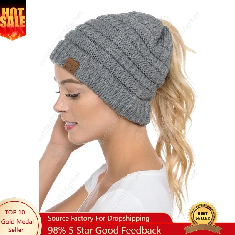

Soft Stretch Cable Knit Warm Hat High Bun Ponytail Beanie - C.C Solid MB20
