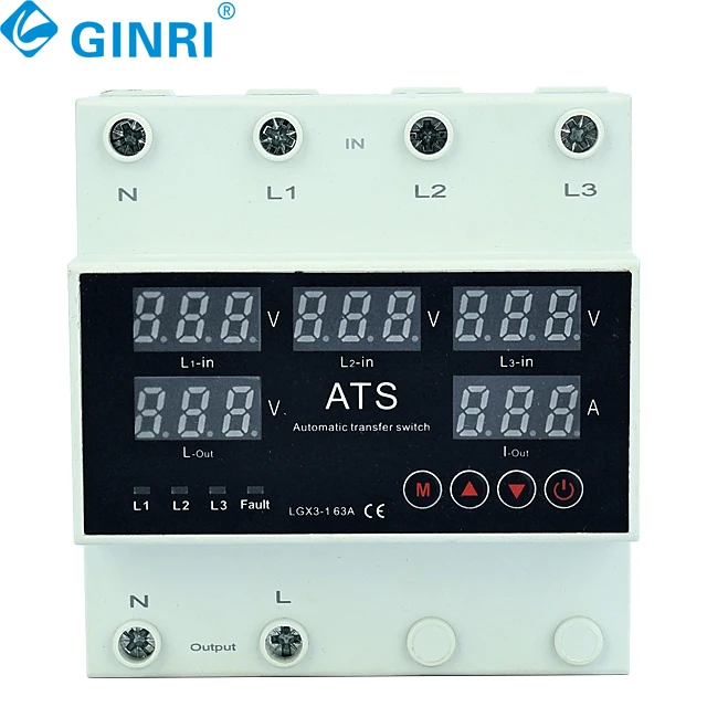 JMRD-PS3  Ginri 63A  3P 220V Din Rail Adjustable Over Under Voltage Over Current Protectors Automatic Phase Switch