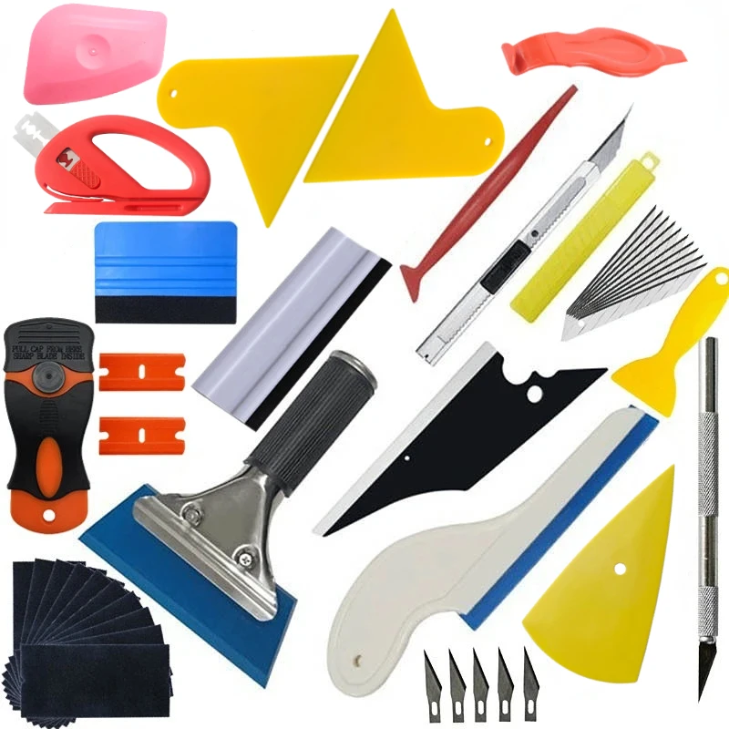 

Новый автомобильный набор инструментов для установки виниловой тонировочной пленки, резиновый скребок, магнитный держатель, упаковочная наклейка, нож для резьбы с запасными лезвиями