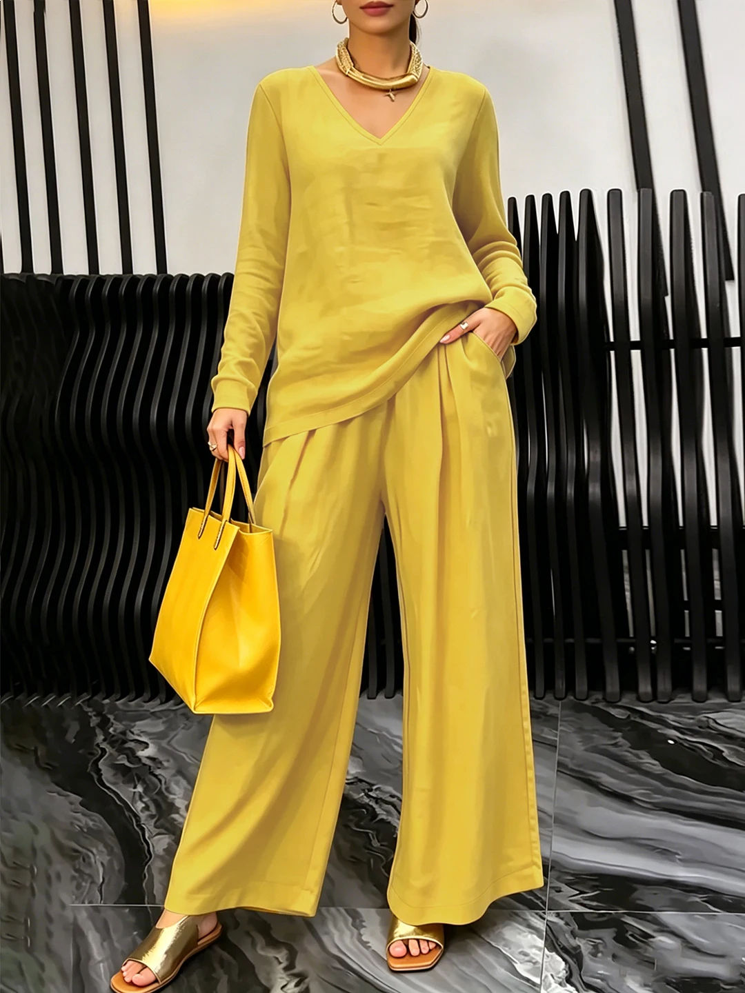 Solid Relax 2Pcs Women Set, V Neck Long Sleeve Textured Top, Elastic Waist Pocket Wide Leg Pants Breathable Year-round Casual We