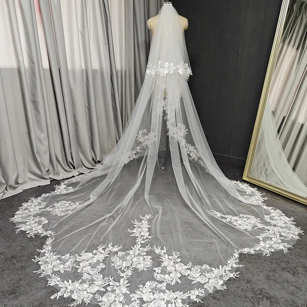 Wedding Veil with Shiny Sequins Lace Customized 2 Tiers 3 Meters Long Bridal Veil with Comb Real Photos Veil Wedding Accessories