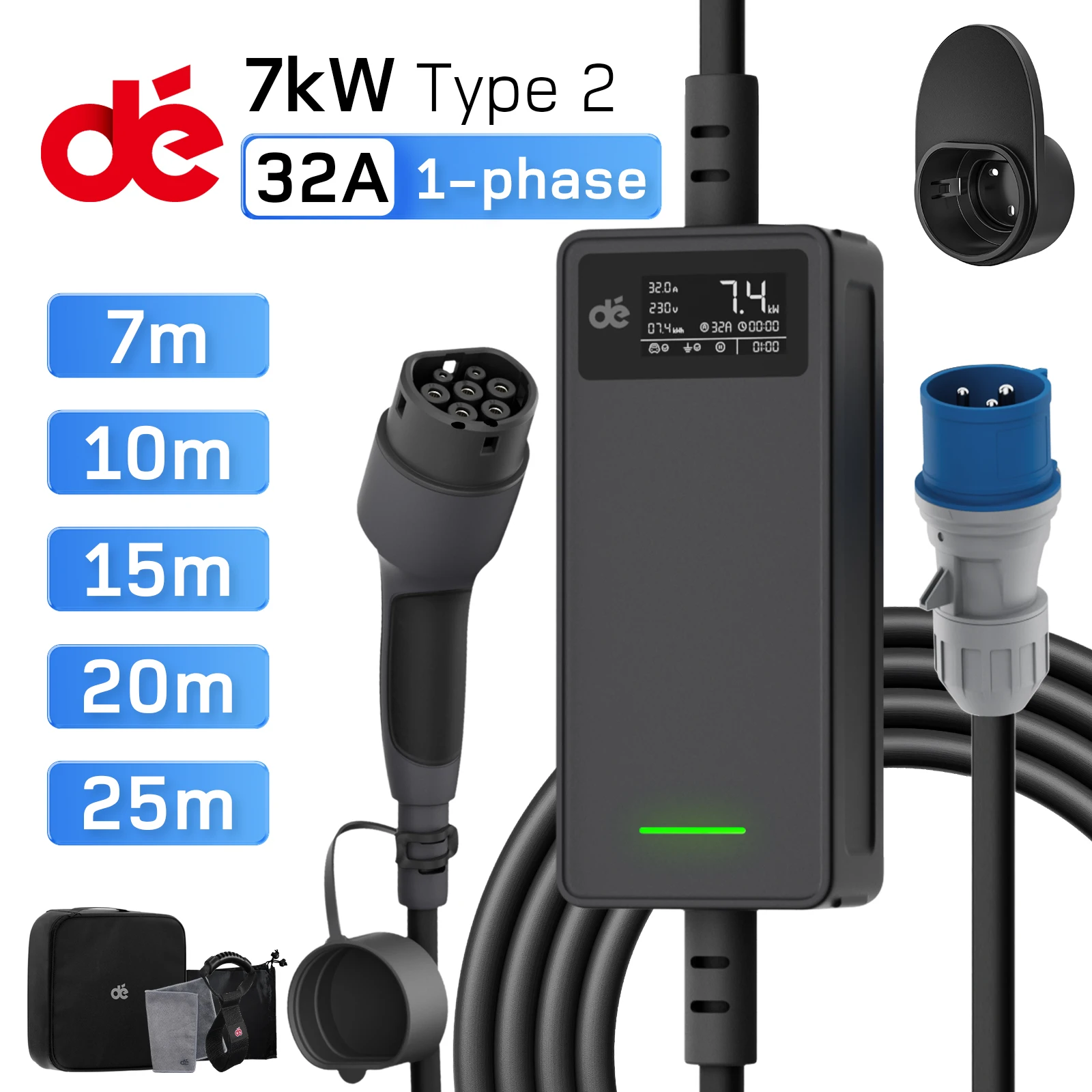 dé Portable EV Charger Type 2 7kW 32A 1-Phase CEE Blue Plug 7m Long Cable EVSE Mobile Wallbox with Schuko EU Adapter