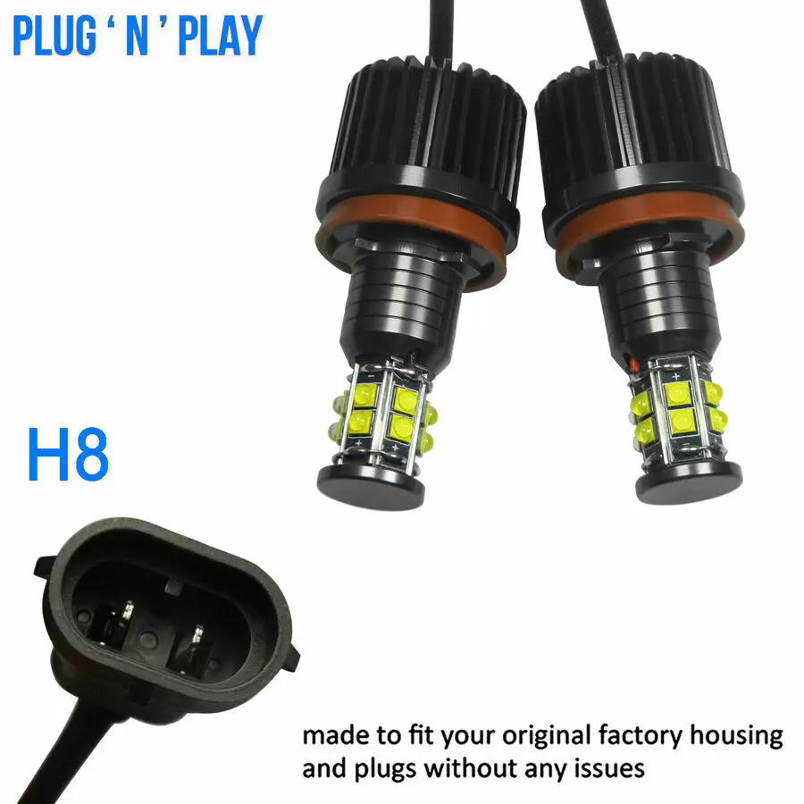 2x H8 Xenon White LED Angel Eyes Halo Ring Light Bulbs For BMW 3 Series E90 E91