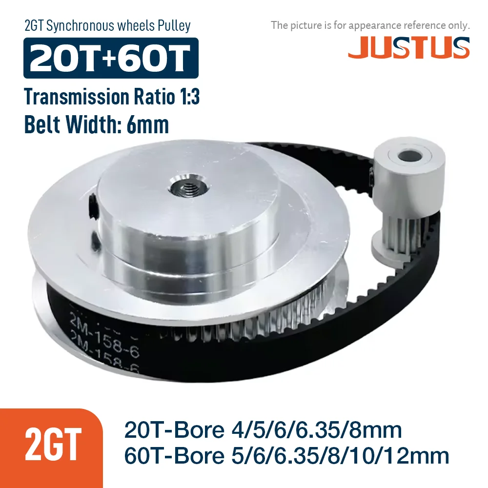 2GT BF Type Synchronous Pulley Belt Kit 20T:60T 1:3 Reduction Ratio Mechanical Transmission Assembly Bandwidth 6mm