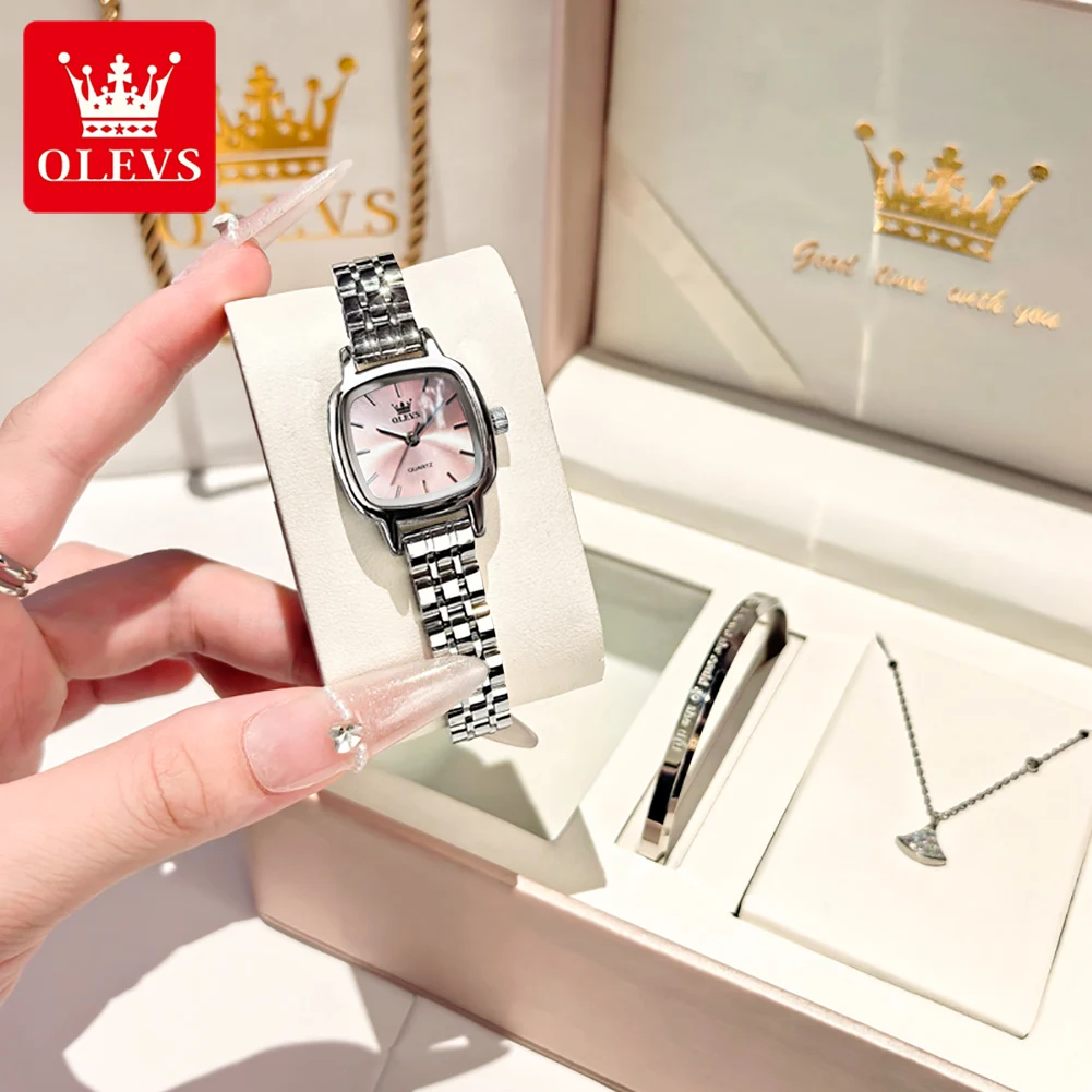 

OLEVS 5675, женские часы, оригинальные элегантные квадратные кварцевые часы, водонепроницаемые светящиеся женские часы из нержавеющей стали, подарочная коробка для девочек