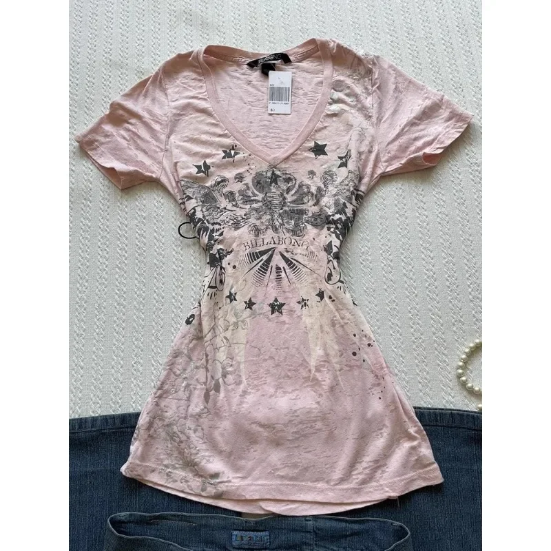 

Short Sleeve Pink T-shirt American Retro Basic Sexy V-neck Top Women Summer 2024 Vintage Casual Streetwear Elegant Fashion Tees