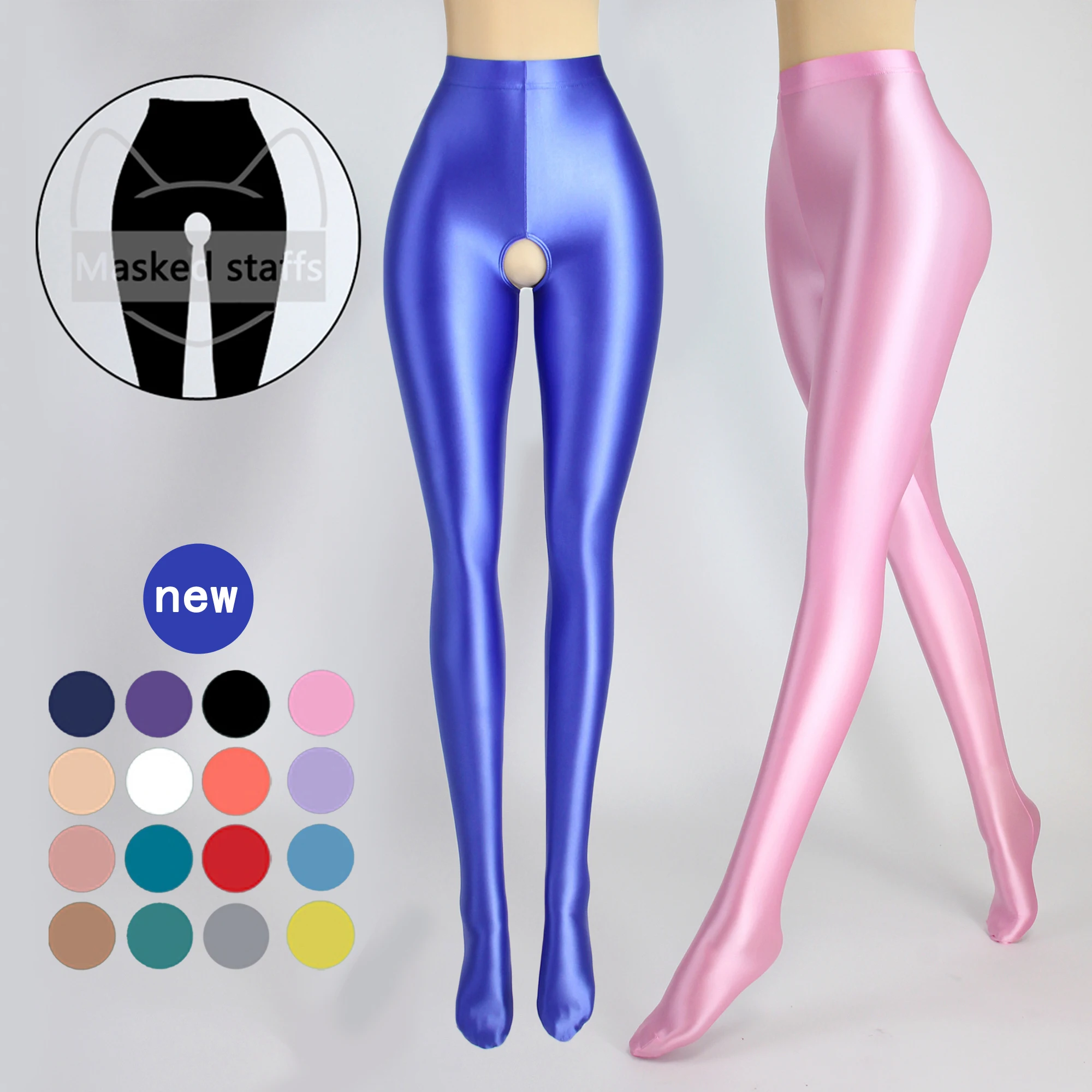 

Masked staffs satin Leggings Sexy Open Crotch Pants Satin Opaque Oil Glossy Pants Tights Glossy High more Size Pants Workout