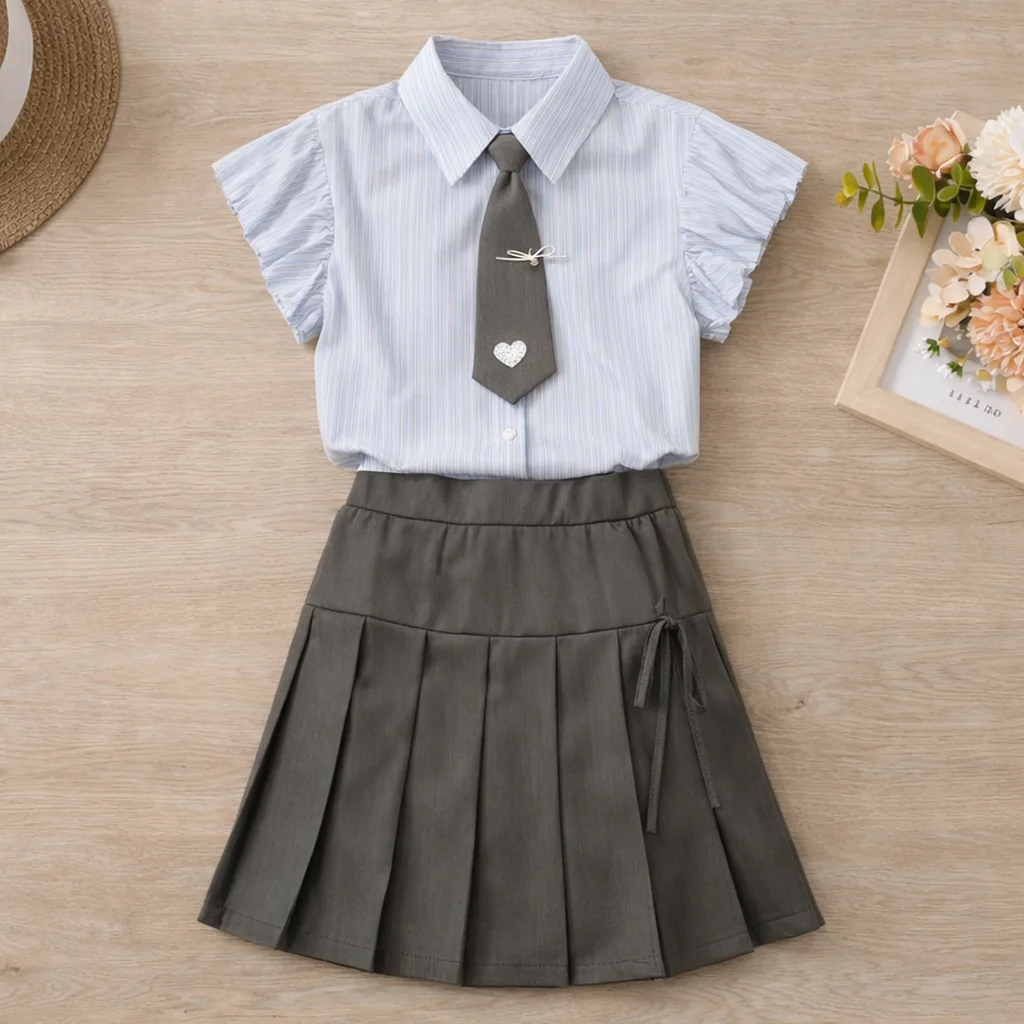 Outfits For Girls Clothes Preppy Style Striped Shirt Pleated Skirt Set Back To School Uniform 2 Piece Outfit 6 7 8 9 10 11 12 Y