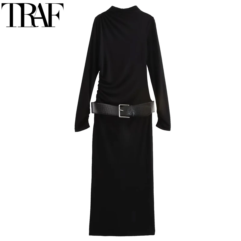 TRAF Women's Dresses Belt Black Long Dresses Women Autumn High Neck Bodycon Maxi Dress Long Sleeve Elegant Party Dresses