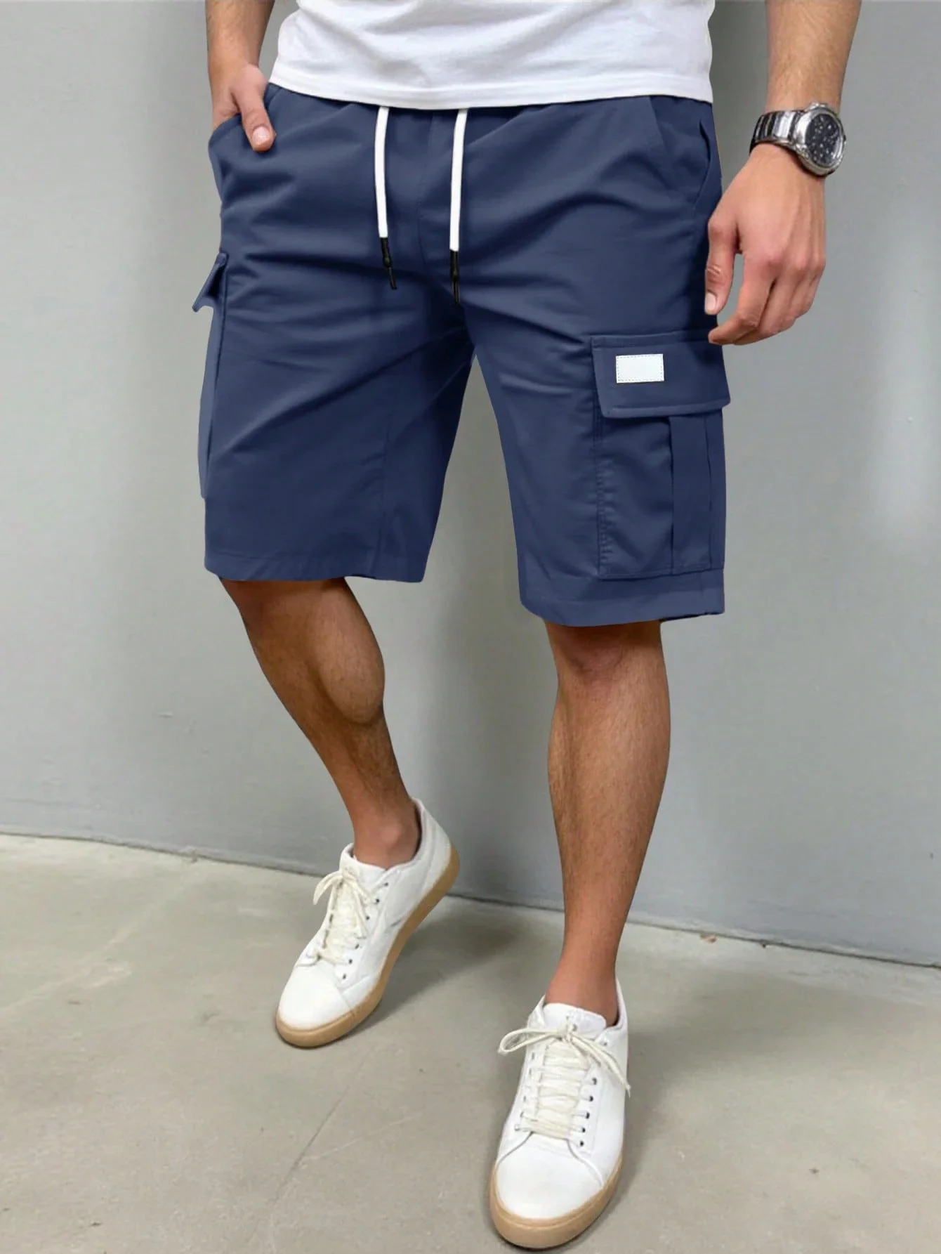 

Men Solid Color Elastic Waist Drawstring Cargo Shorts Casual Loose Fit Navy Blue Shorts
