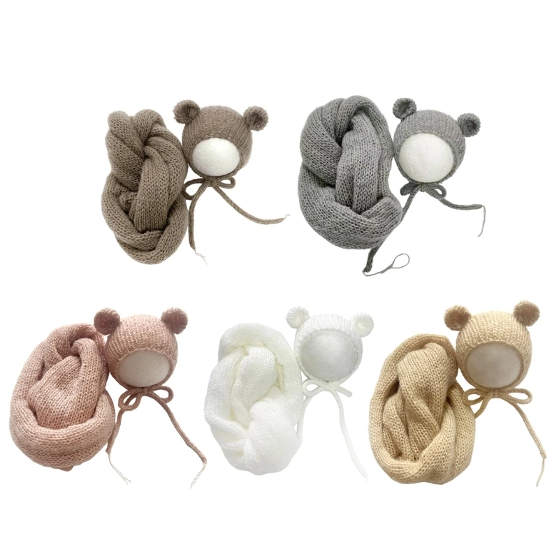 

Soft Stretchy Baby Wrap & Crochet Hat Set Comfortable Newborn Bear Theme Costume set Perfect for Newborns Photography