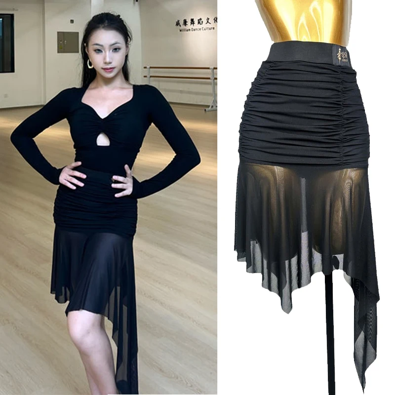 

Latin Dance Mesh Wrapped Skirt Irregular Folds Slimming Skirt Adult Women Practice Chacha Tango Samba Dance Clothes DQL9677