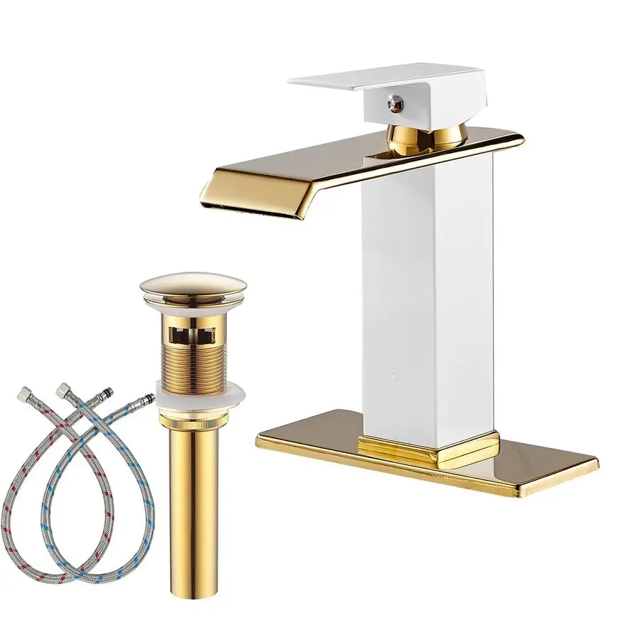 

Faucet Gold Spout Waterfall White Body Single Hole 1 Handle Bathroom Vanity Sink Faucet with Deck Plate and Pop Up Drain Stopper